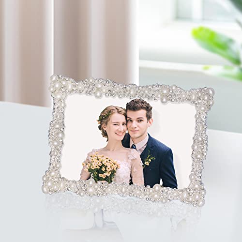 4X6 Pearl Picture Frame With Crystal For Wedding, Silver Plated With High Definition Glass Photo Frames With Rhinestones Horizontal And Vertical Decor Tabletop Display (Real Glass) #TOP6