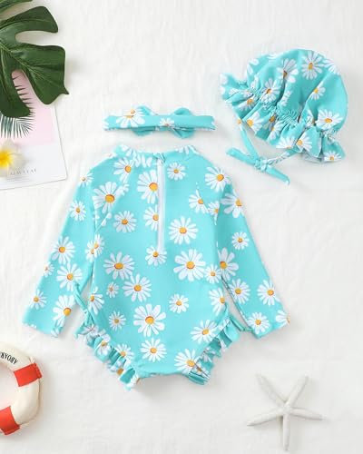 Image of Renotemy Baby Girls Swimsuit Drawstring Zip Bathing Suit Long Sleeve One-Piece Rash Guard Swimwear with Hat for Infant Girl