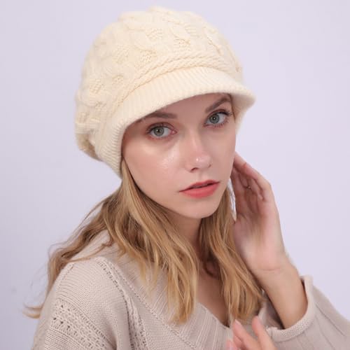 DURINM Warme Winter mütze Fleece Mütze Schirm Visor Wintermütze Damen Warme Gefütterte Wintermützegestrickte Schirmmütze Baseballmütze mit Weiches Dickes Fleecefutter (beige)