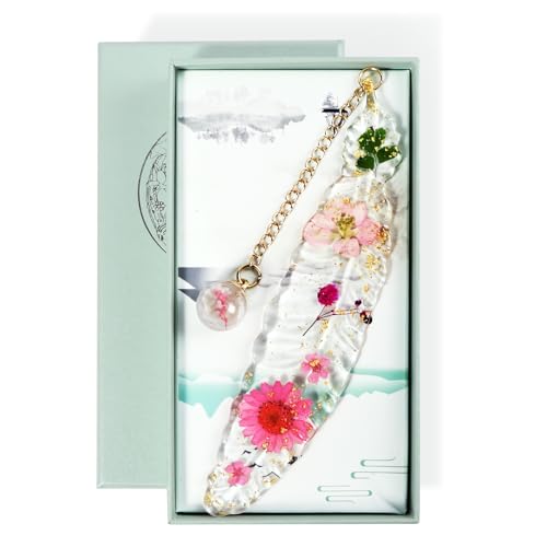 AUAUY Marcapáginas de Flores Secas de Resina y Caja de Regalo, Marcadores de Libros Originales, Delicado Accesorio de Lectura, para Estudiantes, Amigos, Libros Mujeres y Estudiantes(Rosa)