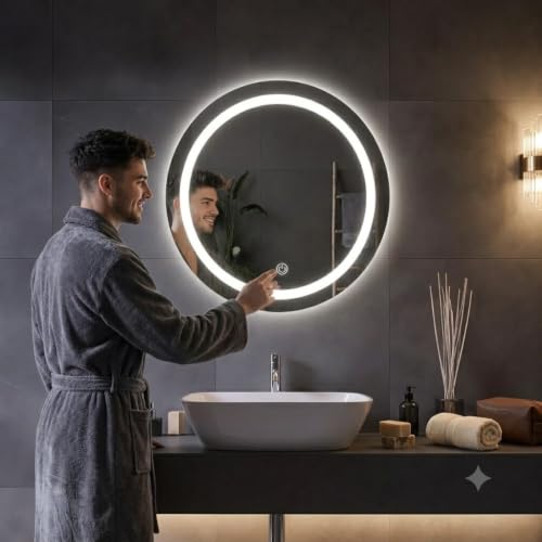 Image of Round LED Mirror for Bathroom Backlit with Smart Touch Sensor Wall Mounted Round One Line Border Mirror Light Vanity Mirror with Warm White Light for Living Room Bedroom Dressing Table