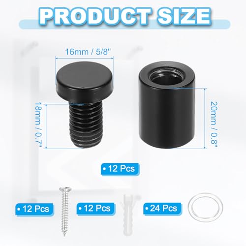 Image of PATIKIL 5 /8 inch x 1 inch Standoff Screws, 12 Pack Stainless Steel Wall Mount Sign Standoffs Mounting Hardware Advertising Nail for Hanging Acrylic Picture Frame, Black
