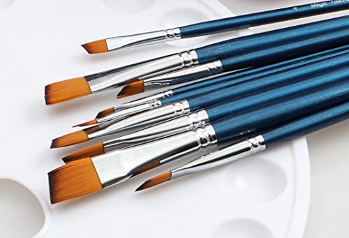 ARTIST PAINT BRUSHES - A - Professional Quality Black Tip, Golden Nylon, Long Handle, Angular Paint Brush Set - Ideal for Acrylic Painting and Oil Painting, and Equally Useful for Watercolor Painting and Gouache Color Painting. - The Natural Characteristics of the Golden Nylon Offers Excellent Liquid Holding Capacity and an Easy, Smooth Flow of Paint. The Fine Angular Head Paintbrushes Have a Luxurious Feel and Excellent Durability, Whilst Good Shape Holding Properties.