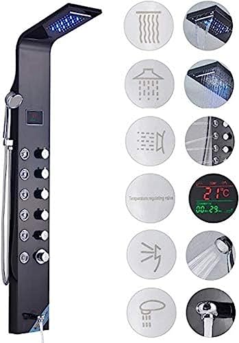Panel de ducha LED de acero inoxidable con cabezal de ducha, jets de lluvia y cascada, rociador de mano y salida para bañera con indicador de temperatura LED miniatura 1