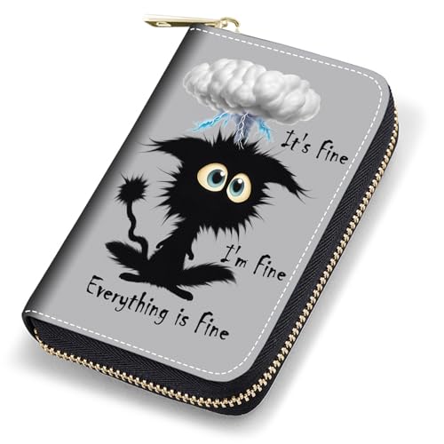 Credit Card Holder Wallets for Women, RFID Blocking Small Leather Card Case Wallet with Zipper Accordion Wallets, Funny Cat - It's Fine I'm Fine Everything is Fine