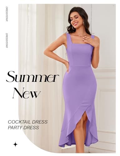 Image of Dressystar 2026 Women's Square Neck Bodycon Sleeveless Cocktail Dresses | wedding guest dresses for women, midi length, formal party dress, soft breathable stretchy material, slit ruffle hem design