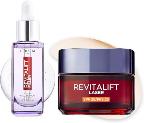 Rutina L'Oréal Paris Revitalift Filler Sérum Antiarrugas, Ácido Hialurónico Puro, Péptidos, 30 ml + Revitalift Láser Crema de Día Antiarrugas Triple Acción SPF25, 50 ml. Inspirado en cosmética coreana