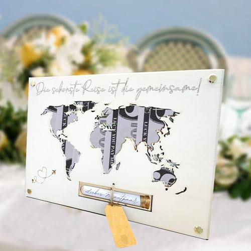 Mincloss Geldgeschenk Hochzeit Weltkarte Aus Holz, Personalisierte Hochzeitsgeschenke für Brautpaar Geld, Romantische Hochzeits-Geldgeschenk Weltkarte Urlaub Geschenk
