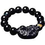 XYNSNDB Schwarzes Obsidian-Armband, Pi Yao-Reichtumsarmband, 12 Tier-Armband, Amulett, verstellbares Glücksarmband, Abwehr böser Geister, Damen-Armband, Schwein, 10 mm