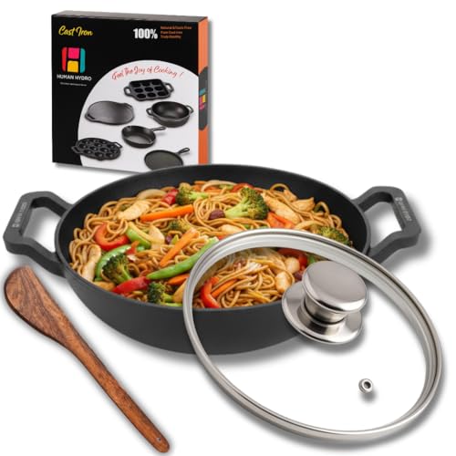 Image of Human Hydro Himalayan Stone Kadai /Kadhai 23cm with Lid & Wooden Spatula | Natural Stone Deep Wok | Toxin-Free | Gas Stove Compatible | for Curries, Frying & Daily Cooking