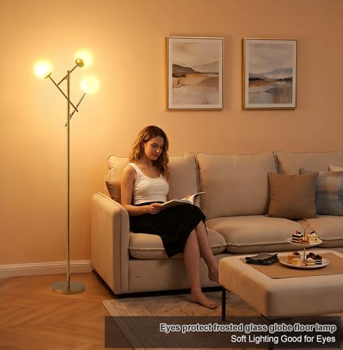 Image of Fiqevs 3 Globe Floor Lamp for Living Room, Swing Arms Standing Tree Lamp | 3000K Warm Light, 3 LED Bulbs Included, Adjustable Orb Glass Shade Mid Modern Lamp for Bedroom /Office, Antique Brass /Gold