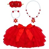 Lawie 4PCS Fluffy Tulle Tutu Skirt with Diaper Cover and Flower Headband Short Dress Set Princess Outfit Shower Gifts for Baby Girls Newborns Infants Toddlers (US, Age, 6 Months, 12 Months, Red)