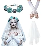 Zombie Bride Costume Accessories Bridal Veil Goth Floral Crown Scary Gothic Ghost Bride Wedding Gloves for Halloween Cosplay (White Blue, Standard)