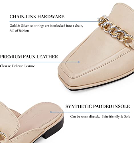 Ermonn Women's Flat Mules Chain Square Toe Faux Leather Backless Slip On Slides Khaki Loafer Shoes Size 9.5 #TOP2