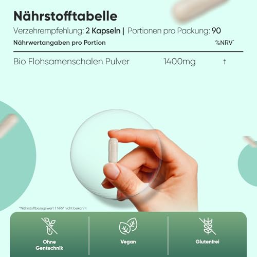 Bio Flohsamenschalen Kapseln 1400mg pro Portion - 3 Monate Vorrat - 180 vegane Kapseln - Psyllium Husk - Glutenfrei & Ohne Gentechnik - Zertifiziertes Bio Flohsamenschalenpulver von WeightWorld