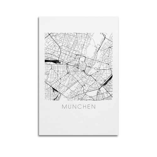 BINKAIYI Poster vintage con mappa in bianco e nero, motivo: Europa, Germania e Monaco, poster decorativo da parete su tela, poster decorativo moderno per camera da letto, per camera da letto, 50 x 75