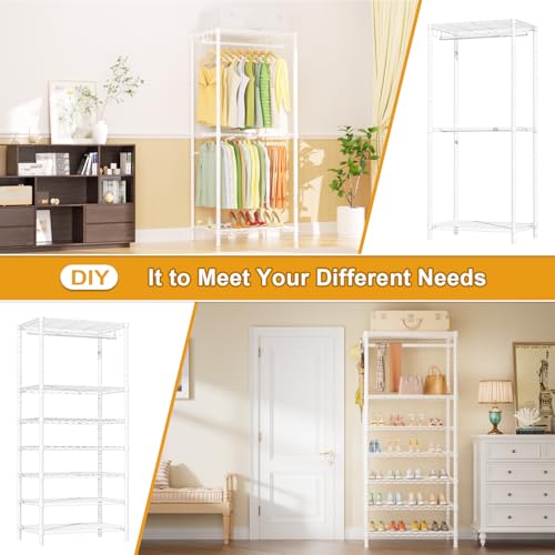 Ulif E13 Heavy Duty Clothes Rack(With 4 Hanger Rods & 8 Shelves) Freestanding Clothing Racks for Hanging Clothes,Adjustable Closet Organizer,Metal Garment Rack 63" W x16 D x77 H,Max Load 900LBS,White