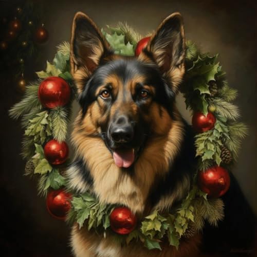 ANSIWEIGO DIY Malen nach Zahlen Handgemalte Kits Zeichnen Leinwand Bilder nach Zahlen Tierporträt Wohnkultur Geschenk,Weihnachtshund Deutscher Schäferhund,40x40 cm,Mit Rahmen