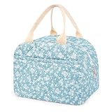 Cotton Quilted Insulated Lunch Bag, Cute Quilted Floral Lunch Tote Bags Reusable Insulated Lunch Box Coquette Aesthetic Large Capacity Insulated Cooler for Women Work Travel Picnic (Light Blue)