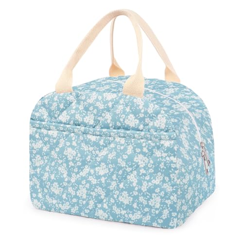 Cotton Quilted Insulated Lunch Bag, Cute Quilted Floral Lunch Tote Bags Reusable Insulated Lunch Box Coquette Aesthetic Large Capacity Insulated Cooler for Women Work Travel Picnic (Light Blue)