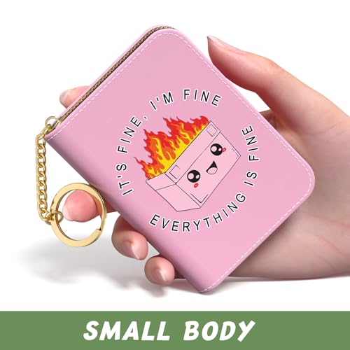 Image of Aiawoxc Credit Card Holder, Small RFID Wallet Slim Leather Card Organizer Case with Zipper and Keychain, Pink Cute Dumpster