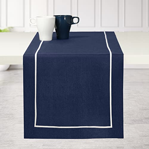 D'moksha Navy Blue & White Table Runner 14 X 90 Inch- 100% Pure Linen Reversible Table Runners 90 Inches- Perfect For Wedding, Party, Living Room, Kitchen, Easy Care Machine Washable #TOP1