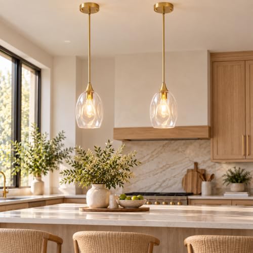 Modern Pendant Lights for Kitchen Island 2 Pack, Ceiling Hanging Pendant Light with Clear Thick Glass Shade & Aluminum Iron Frame, Adjustable Cord, Lighting Fixture for Dining Room, Bedroom, Entryway - image 3