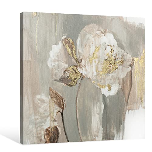Goldfoilart Floral Wall Art Gold Picture Of White Flower Canvas With Gold Foil Embellishment Paintings Textured Print Framed Artwork For Living Room Bedroom Office Decorations 24" X 24" #TOP1