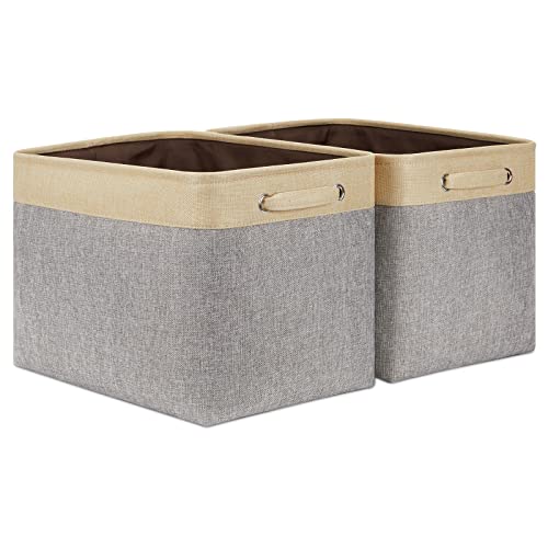DULLEMELO Faltbare Aufbewahrungskörbe, Leinenstoff, Aufbewahrungskorb mit Stoffgriffen für Regal, Kleidung, leere Geschenkkörbe (Gold und Grau), 2 Stück Cover