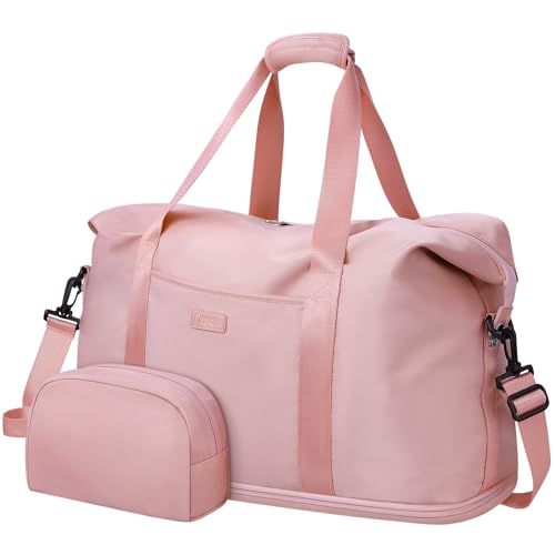 Expandable Travel Duffle Bag, Waterproof Weekender Overnight Bags for Women Men Hospital Bag for Women Labor Delivery Carry on Bag with Toiletry Bag for Travel Gym Airplanes(Pink, Large)