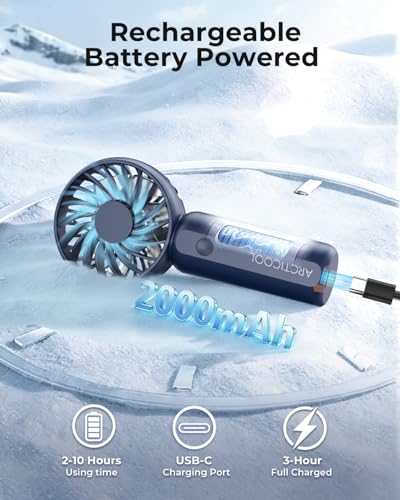 Image of ARCTICOOL Portable Mini Fan - Rechargeable Hand Fan with 3 Adjustable Speeds, 2000mAh Battery, Lightweight Design, Low Noise, and Easy Portability for Indoor and Outdoor Use (Blue)
