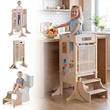 Costzon Foldable Toddler Step Stool, Wooden Kitchen Standing Tower with 2-Step Stool, Adjustable Height, Chalkboard & Montessori Games, Detachable Safety Net, Kids Helper for Boys & Girls