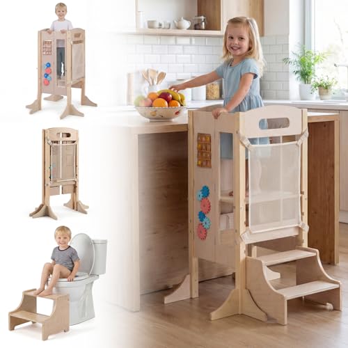 Image of Costzon Foldable Toddler Step Stool, Wooden Kitchen Standing Tower with 2-Step Stool, Adjustable Height, Chalkboard & Montessori Games, Detachable Safety Net, Kids Helper for Boys & Girls