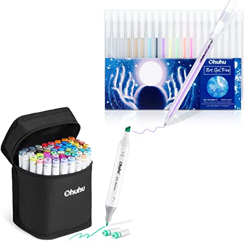 Ohuhu Markers, 60 Unique Colors Alcohol Based Double Tipped Art Marker Set For Kids, Adults + Gold Silver White Gel Ink Pen Set For Artist, 10 Colors (20 Pack) Gel Ink Pens #TOP28