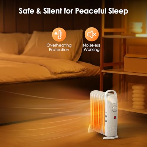 Air Choice 700W Oil Filled Radiator Heater, Oil Heaters for Indoor Use with Adjustable Thermostat & 2 Heat Settings, Overheat Protection, Ultra Quiet, Small Space Heater for Bedroom Office Desk, White