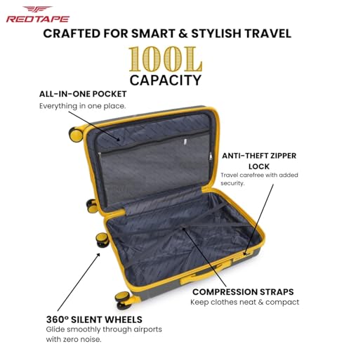 Image of Red Tape 100L Polypropylene Hard Luggage Trolley Bag | 77cm Large Check-in Suitcase with 360 8 Spinner Wheels, Combination Lock & Lightweight Design | Travel Luggage for Men & Women (Olive & Yellow)