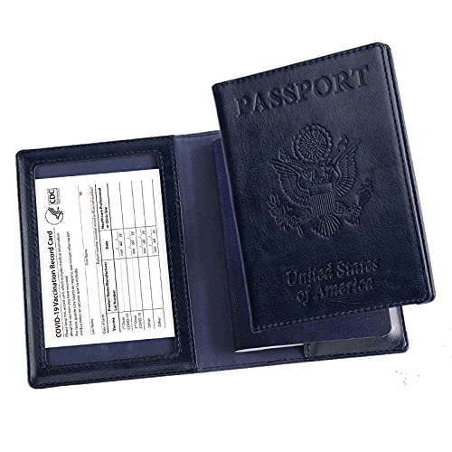 Passport and Vaccine Card Holder Combo, labato Passport Holder with Vaccine Card Slot PU Leather Passport Case, Upgraded Ultra Slim Design Passport Cover Passport Wallet Purse for Women Men (Blue)