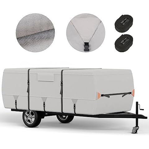 Tuszom True 900D Oxford Ripstop Anti-Scratch Pop Up Camper Trailer Cover 100% Waterproof Anti-UV Folding Camping RV Cover 10'-12' with 7 PCS Reinforced Windproof Straps for Motorhome Cover