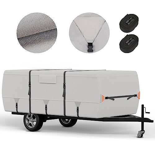 True 900D Oxford Tearproof Anti-Scratch Pop Up Camper Tent Trailer Cover 100% Waterproof Anti-UV Folding Camping Trailer RV Cover with 7 PCS Reinforced Windproof Straps for Motorhome (Gray 14-16)