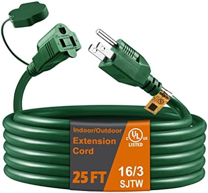 25 Ft Indoor/Outdoor Extension Cord, Green 16/3 SJTW 3 Prong Plug, Waterproof & Weather Resistant, Power Cord Extension for Garden and Appliances, UL Listed