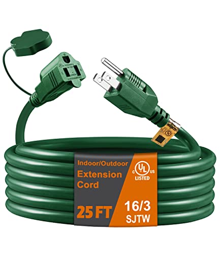 25 Ft Indoor/Outdoor Extension Cord, Green 16/3 SJTW 3 Prong Plug, Waterproof & Weather Resistant, Power Cord Extension for Garden and Appliances, UL Listed