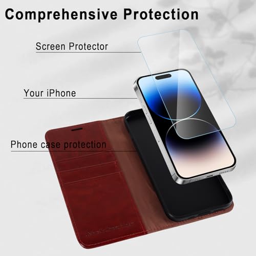 Image of MONASAY Vegan Leather Fit for iPhone 14 Pro Max 5G Wallet Case, 6.7-inch, [Glass Screen Protector Included] [RFID Blocking] Flip Folio Phone Cover with Credit Card Holder,Burgundy