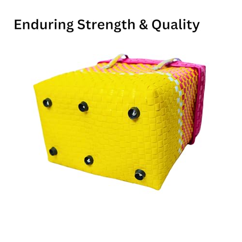 Image of Hand Made Multipurpose Plastic Basket with Lid | Eco-Friendly, Washable, Rust-Free Storage Basket for Kitchen, Picnic, Toys, Travel, Office | Lightweight basket (Yellow with Pink, XL)