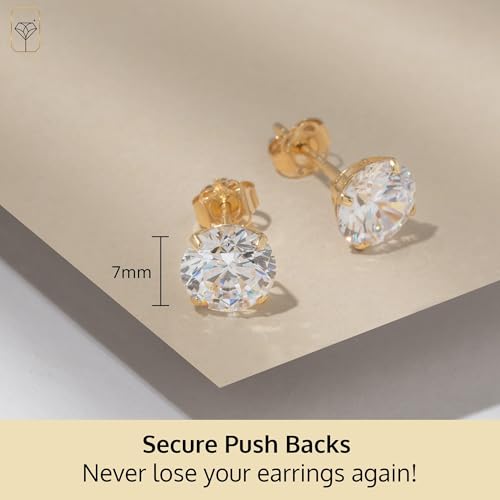 14K Yellow Gold Stud Earrings for Women Men with CZ | Real 14K Gold Cubic Zirconia Stud Earrings with Secure Butterfly Backs | Anti-Tarnishing CZ Earring Size 7MM by MAX + STONE
