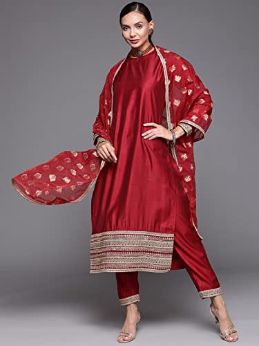 Image of INDO ERA Women's Embroidered Viscose Straight Kurta Palazzo With Dupatta Set (KH9RD4331)