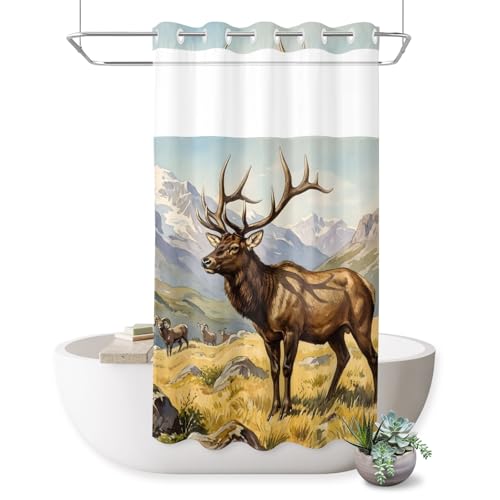 No Hook Shower Curtain,Farm Elk Waterproof Shower Curtains for Bathroom,Mountain Lodge Farmhouse Forest Wilderness Bathroom Curtain with Mesh Top Window for Home Hotel Bathtub,Small Stall 36"x72"