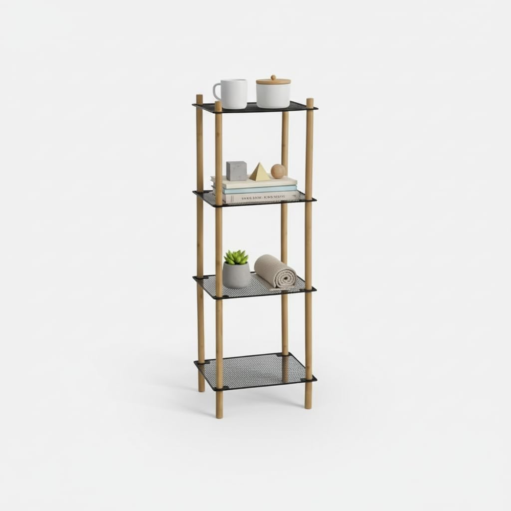 INDE MOBLEKIT | Scaffale verticale a 4 ripiani, quadrato in metallo e bambù, 35x30x100 cm, stretto, in metallo nero, montaggio senza viti, organizer per scarpe o scaffale portaoggetti per la casa