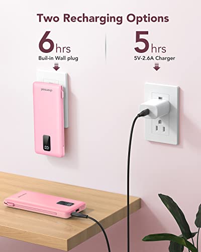 Image of charmast Portable Charger with Built-in Cables and Wall Plug, 10000mAh USB C Portable Power Bank, Potable Phone Charger, Travel Essentials Compatible with iPhones, Samsung Galaxy, iPad