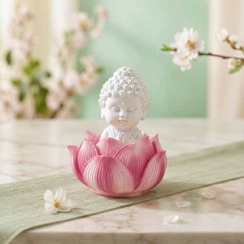 Image of eCraftIndia Pink Lotus Baby Buddha Statue Showpiece for Home Decor | Living Room, Bedroom, Office & Car Dashboard