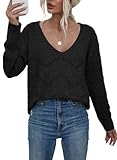 EVALESS Fall Sweaters for Women 2023 Knitted Tops Long Sleeve Black Sweaters Deep V Neck Blouses for Women Dressy Casual Crochet Sweaters Cozy Clothes Outfits Pullover Sweater Jumper Tops, Medium